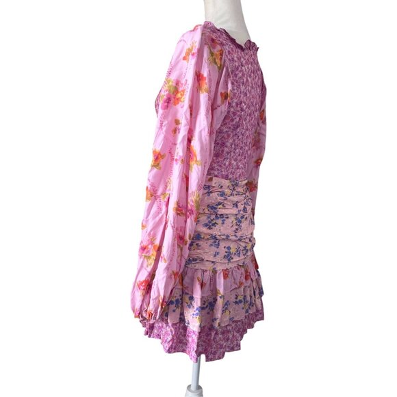 For Love Bell Pink Patchwork Ruffle Mini Dress Boho SZ M - Picture 6 of 16